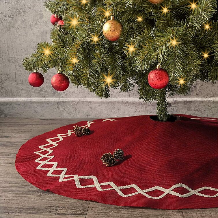 Christmas Tree Skirt 48 inches Large Burgundy Burlap Plain with White Lace